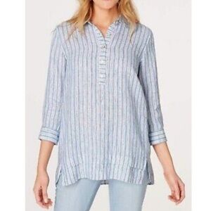 J. Jill Love Linen Striped Tunic Top XL 3/4 Sleeve Popover Nautical Coastal